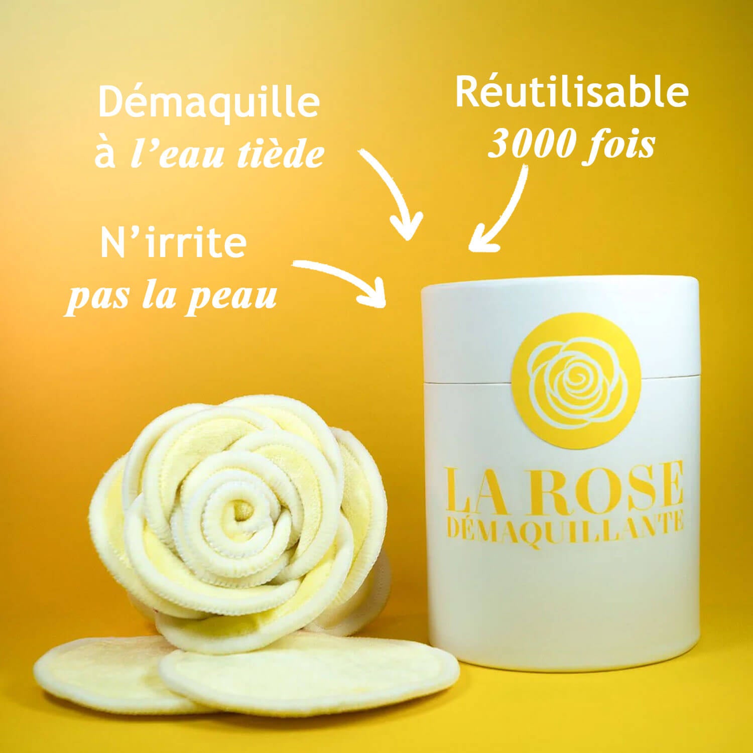 Lingettes démaquillantes lavables jaunes pliées en forme de rose qui n'irrite pas la peau, qui démaquille à l'eau tiède et qui sont réutilisables 3000 fois