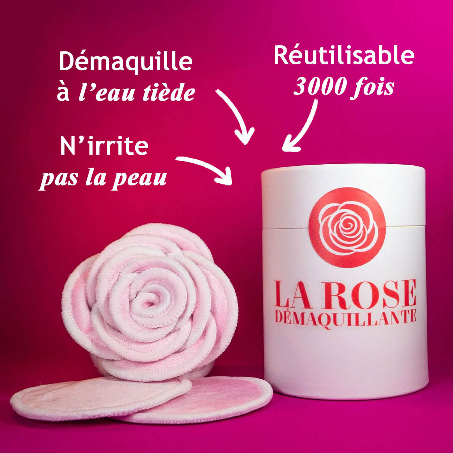 Lingettes démaquillantes lavables roses pliées en forme de rose qui n'irrite pas la peau, qui démaquille à l'eau tiède et qui sont réutilisables 3000 fois