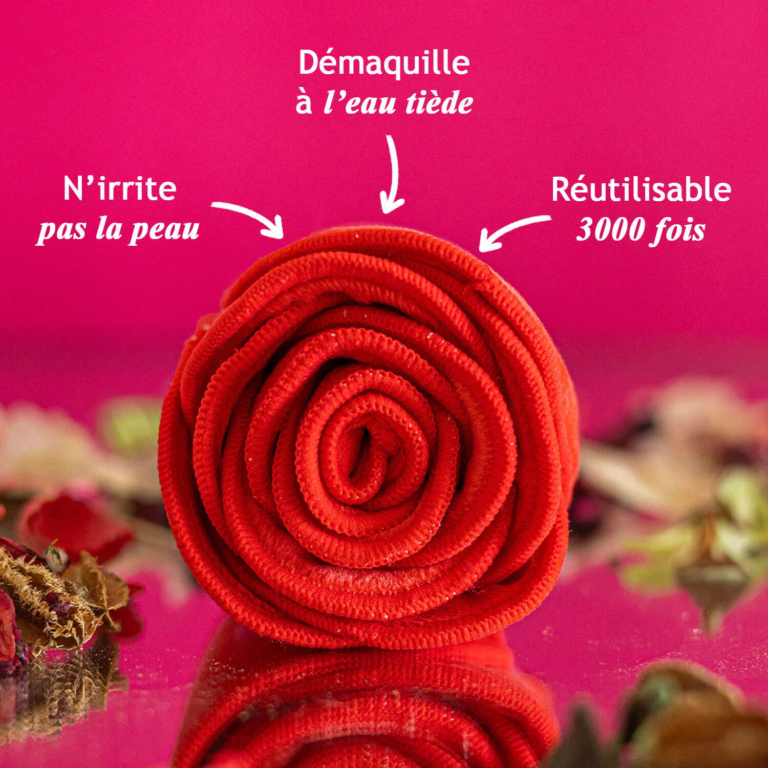 Lingettes démaquillantes lavables rouges pliées en forme de rose qui n'irrite pas la peau, qui démaquille à l'eau tiède et qui sont réutilisables 3000 fois