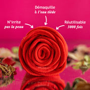 Lingettes démaquillantes lavables rouges pliées en forme de rose qui n'irrite pas la peau, qui démaquille à l'eau tiède et qui sont réutilisables 3000 fois